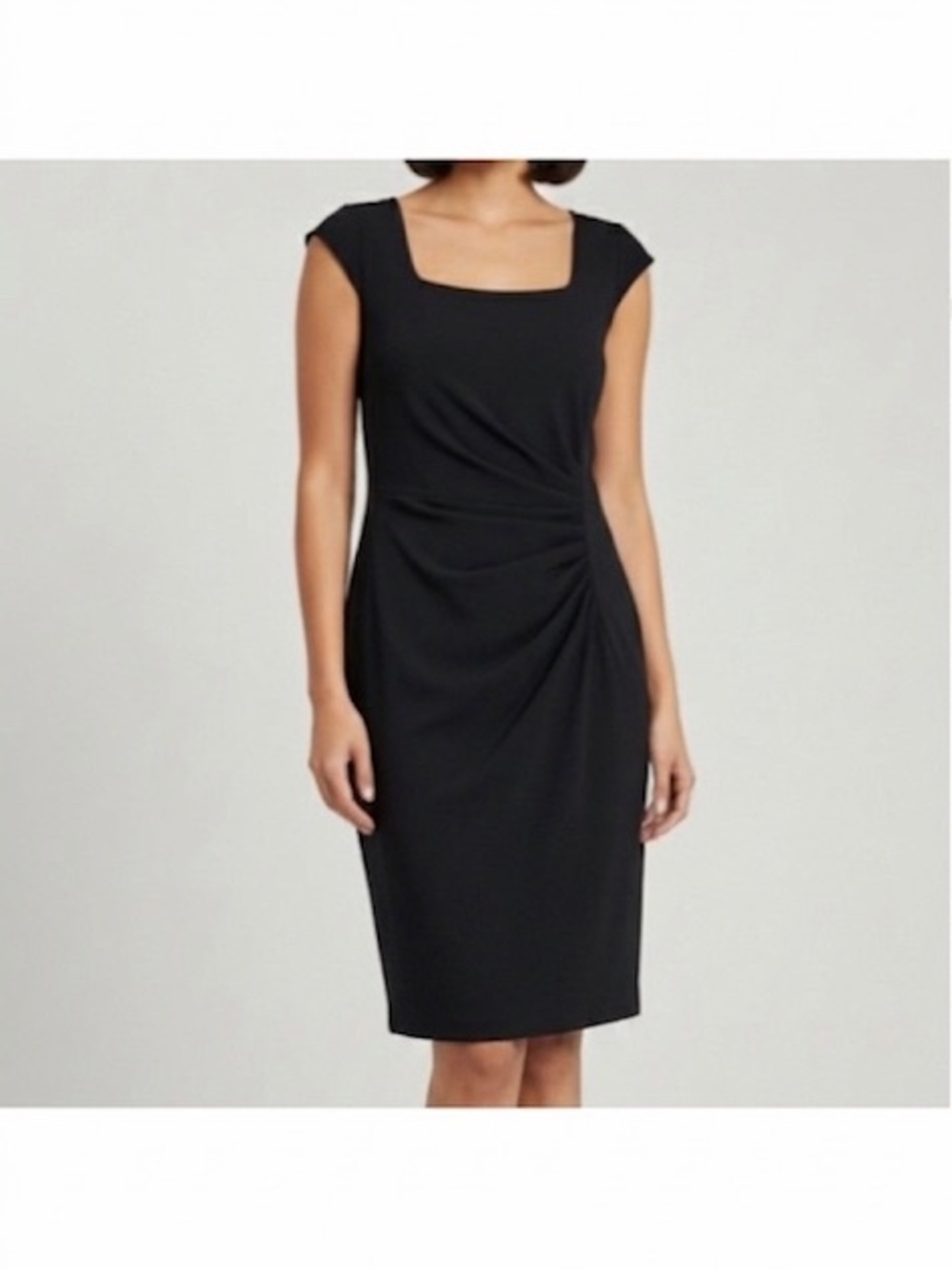 Calvin Klein Black Cap Sleeve Knee Length Ruched Sheath Dress Size 8 Square Neck